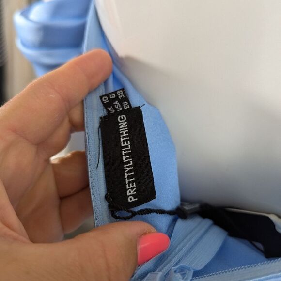 Pretty Little thing Blue Satin Draped Bardot Midi Dress 6 NWT - Picture 5 of 13